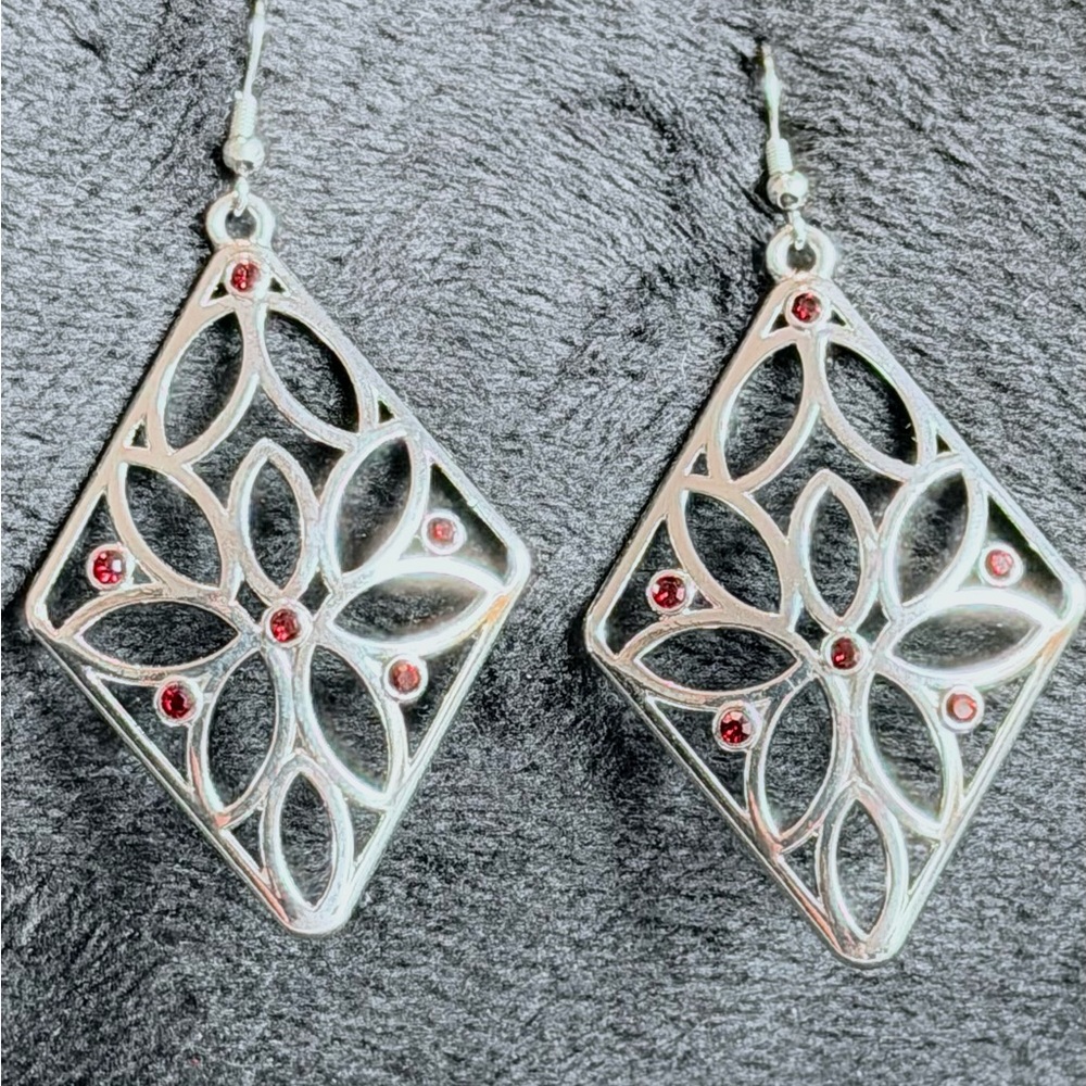 Elegant Silver and Red Floral Earrings